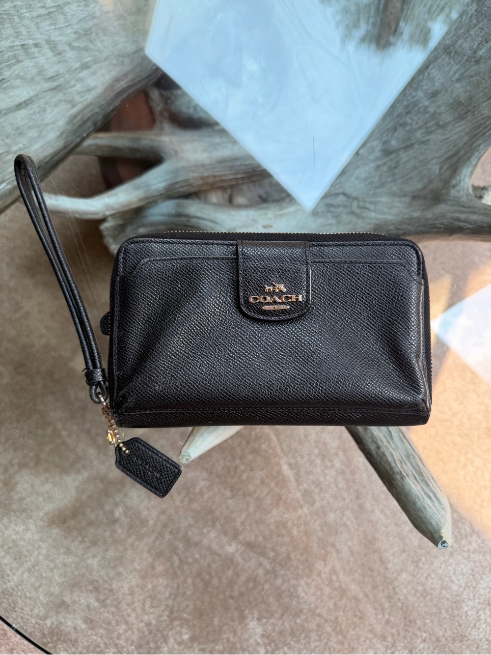 Coach Black Saffiano Leather Zip Wristlet Wallet Hangtag Snap Front 3 Sections